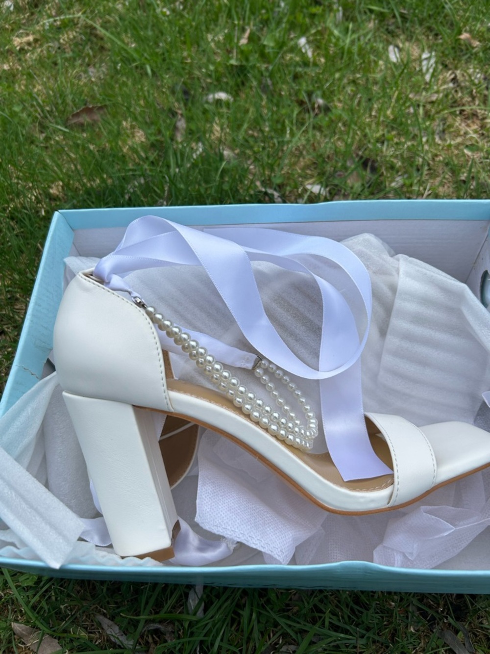 White Block Heel Ankle Tie Sandals - Women